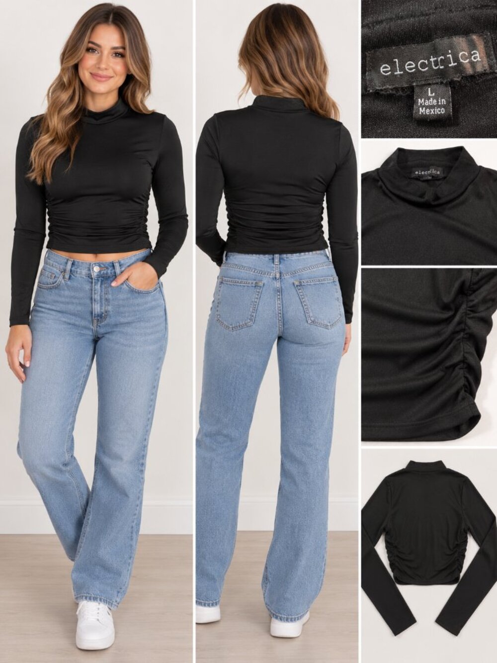 Electrica Black Ruched Mock Neck Long Sleeve Cropped Top Y2K